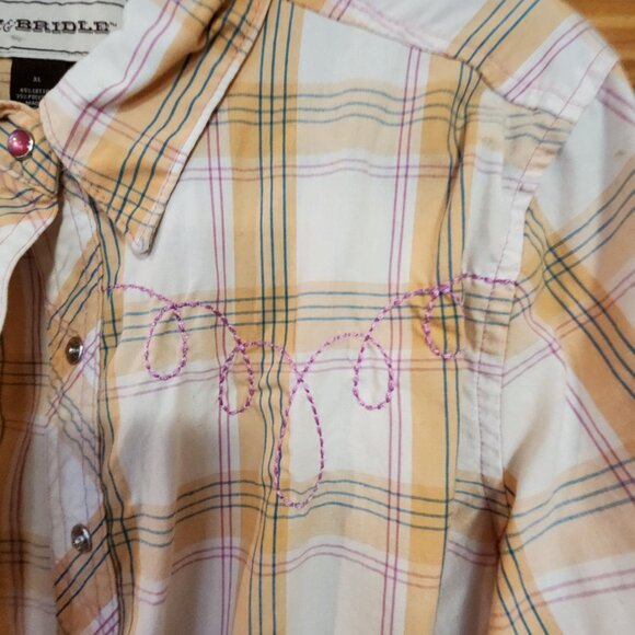 Bit & Bridle Womens Western Plaid Shirt W/ Embroidered Horses Snap Buttons Yello - Picture 4 of 7